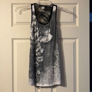 Daytrip Razorback Tank Top Black & White Floral Embellished Lace Small